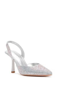 کفش زنانه پشت باز نگین‌دار پاشنه‌دار نازک طوسی دری مد