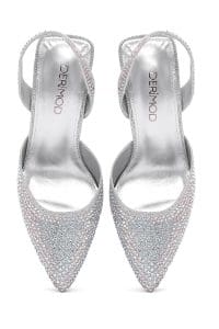 کفش زنانه پشت باز نگین‌دار پاشنه‌دار نازک طوسی دری مد