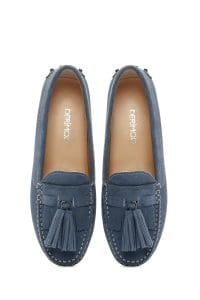 کفش لوفر زنانه چرم جیر آبی با پاپیون دری مد