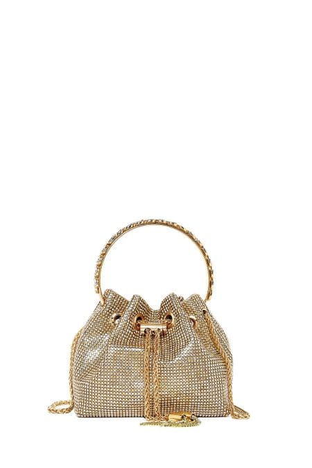 کیف زنانه مینی مجلسی دستی بژ بند زنجیری سنگ‌دوزی شده دری مد