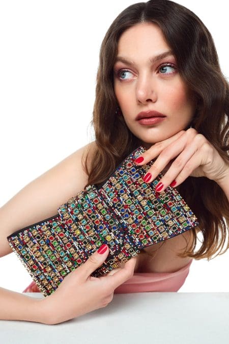 کیف مینی جعبه‌ای زنانه چند رنگ بند بلند نگین‌دار دری مد