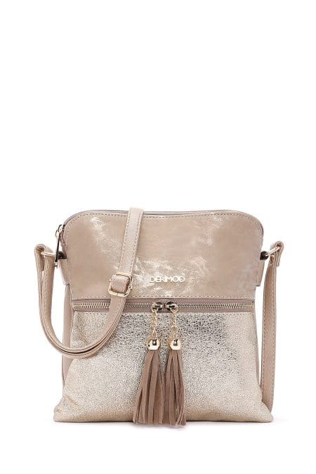 کیف کراس بادی زنانه چرم بژ بند بلند با جزئیات اکسسوری دری مد