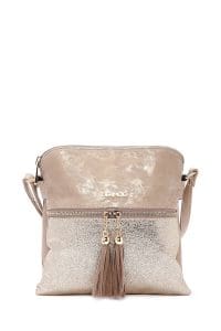 کیف کراس بادی زنانه چرم بژ بند بلند با جزئیات اکسسوری دری مد