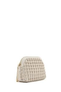 کیف کراس بادی زنانه چرم بژ بند بلند طرح بافت دری مد