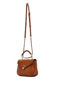 کیف کراس بادی زنانه چرم قهوه‌ای بند بلند طرح‌دار دری مد