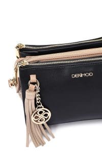 کیف کراس بادی زنانه چرم مشکی بند بلند با جزئیات اکسسوری دری مد