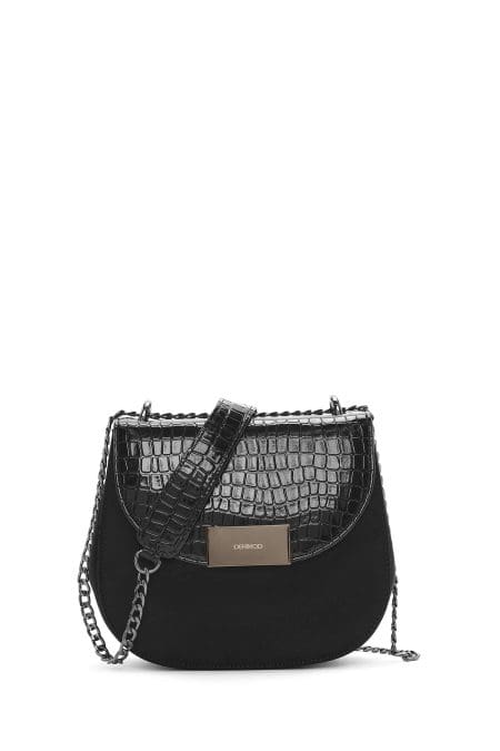 کیف کراس بادی زنانه چرم مشکی چاپ‌دار دری مد