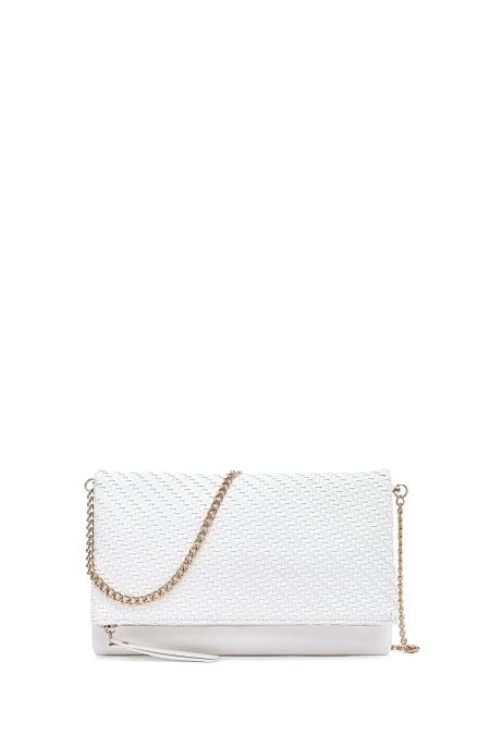 کیف کلاچ زنانه سفید بند بلند زنجیری بافتی دری مد