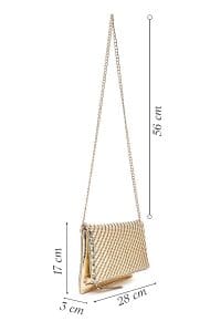 کیف کلاچ زنانه طلایی بند بلند زنجیری بافتی دری مد