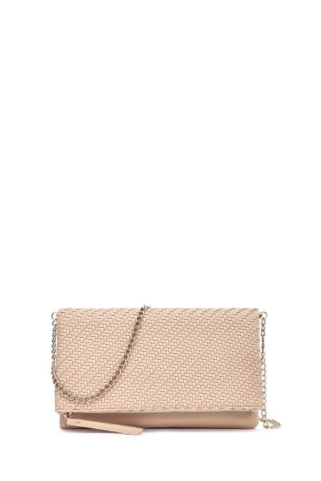 کیف کلاچ زنانه قهوه‌ای بند بلند زنجیری بافتی دری مد