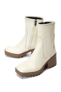 بوت زنانه بژ چرمی پاشنه ضخیم دری مد