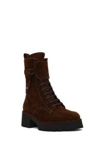 بوت زنانه جیر قهوه‌ای زیپ‌دار تخت‌ضخیم بنددار دری مد