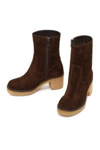 بوت زنانه جیر قهوه‌ای زیپ‌دار پاشنه‌ضخیم دری مد