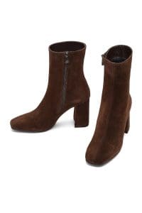 بوت زنانه جیر قهوه‌ای زیپ‌دار پاشنه‌ضخیم دری مد