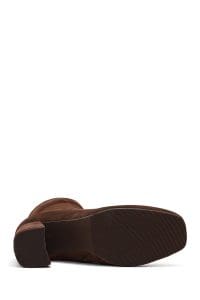 بوت زنانه جیر قهوه‌ای زیپ‌دار پاشنه‌ضخیم دری مد