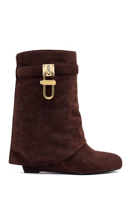 بوت زنانه جیر قهوه‌ای پاشنه‌لژدار دری مد