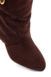 بوت زنانه جیر قهوه‌ای پاشنه‌لژدار دری مد