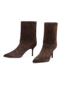بوت زنانه جیر قهوه‌ای پاشنه‌نازک دری مد