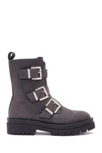 بوت زنانه خاکستری جیر چرمی کمربنددار دری مد