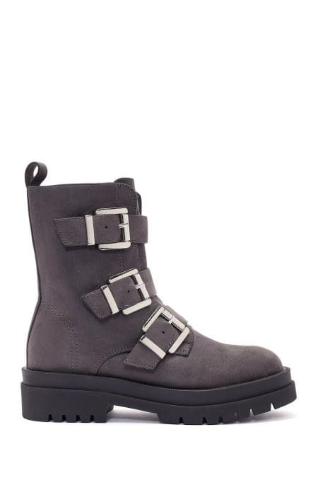 بوت زنانه خاکستری جیر چرمی کمربنددار دری مد