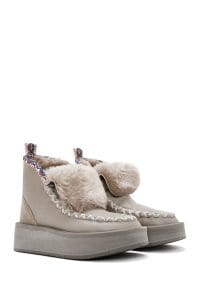 بوت زنانه خاکستری چرمی لژدار و خزدار دری مد