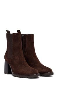 بوت زنانه قهوه‌ای جیر چرمی پاشنه ضخیم دری مد