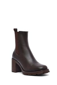 بوت زنانه قهوه‌ای چرمی پاشنه ضخیم دری مد