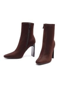 بوت زنانه پارچه‌ای قهوه‌ای زیپ‌دار پاشنه‌بلند ضخیم دری مد