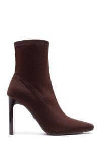 بوت زنانه پارچه‌ای قهوه‌ای زیپ‌دار پاشنه‌بلند ضخیم دری مد