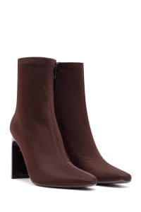 بوت زنانه پارچه‌ای قهوه‌ای زیپ‌دار پاشنه‌بلند ضخیم دری مد