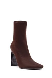 بوت زنانه پارچه‌ای قهوه‌ای زیپ‌دار پاشنه‌بلند ضخیم دری مد