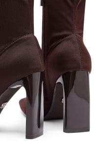 بوت زنانه پارچه‌ای قهوه‌ای زیپ‌دار پاشنه‌بلند ضخیم دری مد