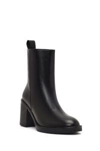 بوت زنانه چرم مشکی زیپ‌دار پاشنه‌ضخیم دری مد