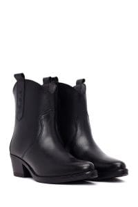 بوت زنانه چرم مشکی پاشنه‌بلند ضخیم سبک‌وسترن دری مد