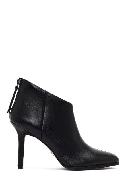 بوت زنانه چرم مشکی پاشنه‌بلند نازک زیپ‌دار پشت‌دار دری مد