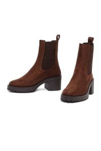 بوت چلسی زنانه جیر قهوه‌ای پاشنه‌ضخیم دری مد