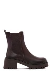 بوت چلسی زنانه قهوه‌ای چرم پاشنه‌بلند ضخیم دری مد