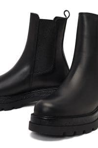 بوت چلسی زنانه چرم مشکی تخت‌ضخیم دری مد