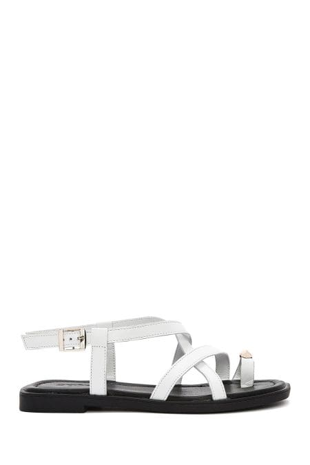 صندل زنانه سفید چرم بنددار دری مد