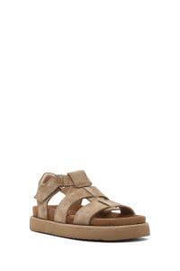 صندل زنانه قهوه‌ای کفی ضخیم جیر دری مد