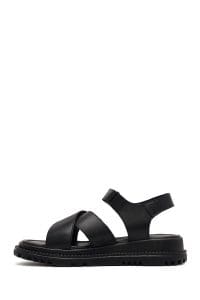 صندل زنانه مشکی چرم تخت بندی دری مد