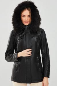 پالتو چرمی زنانه مشکی خزدار کلاه دار Betty دری مد