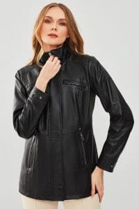 پالتو چرمی زنانه مشکی خزدار کلاه دار Betty دری مد