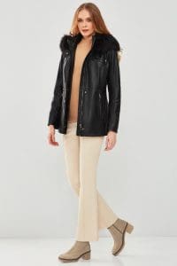 پالتو چرمی زنانه مشکی خزدار کلاه دار Betty دری مد