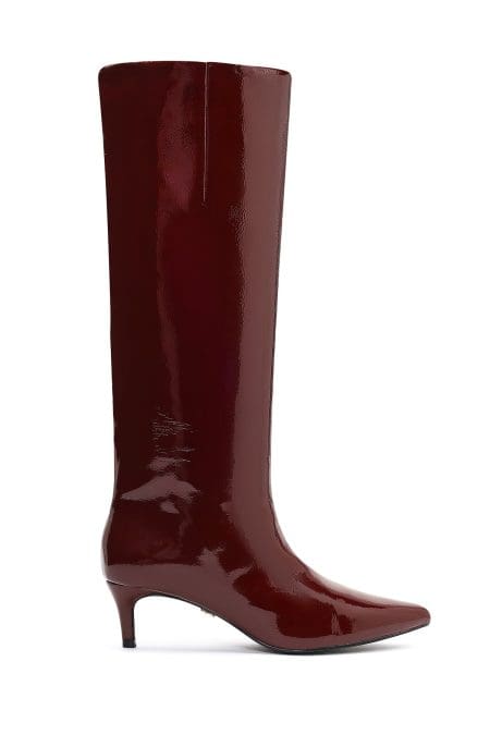 چکمه زنانه زرشکی چرمی کوتاه پاشنه باریک دری مد