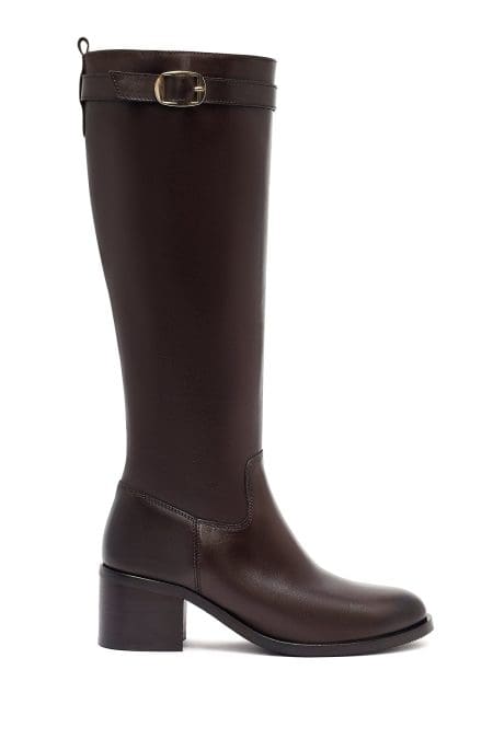 چکمه زنانه قهوه‌ای چرمی زیپ‌دار پاشنه ضخیم دری مد