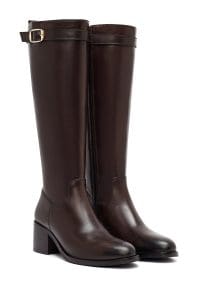 چکمه زنانه قهوه‌ای چرمی زیپ‌دار پاشنه ضخیم دری مد