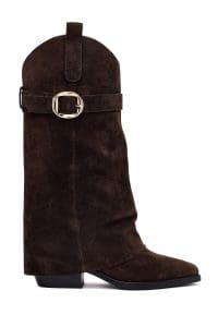 چکمه زنانه قهوه‌ای چرمی پاشنه ضخیم دری مد