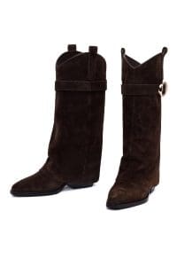 چکمه زنانه قهوه‌ای چرمی پاشنه ضخیم دری مد