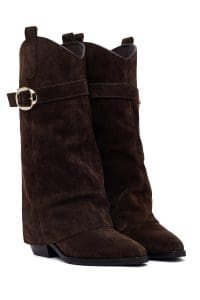 چکمه زنانه قهوه‌ای چرمی پاشنه ضخیم دری مد